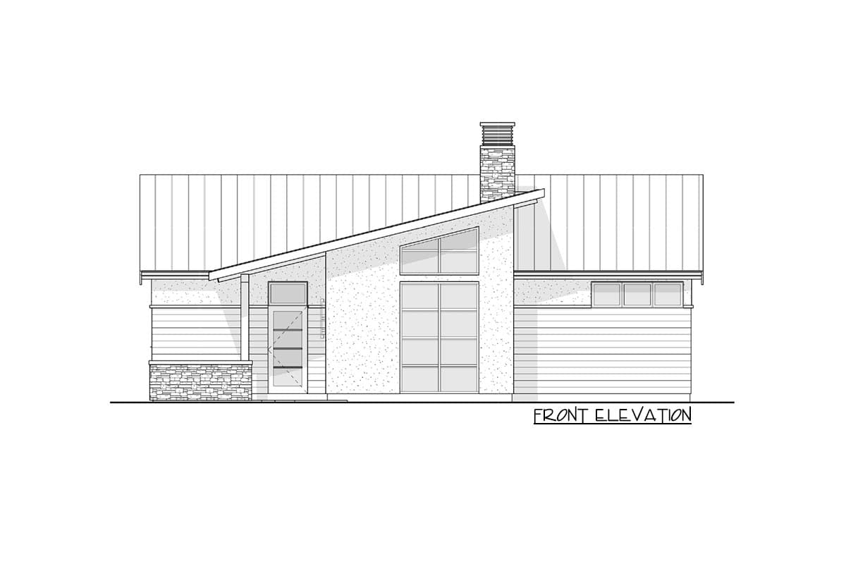 Front elevation drawing of a single-story house plan with a metal roof, large windows, and stone chimney.