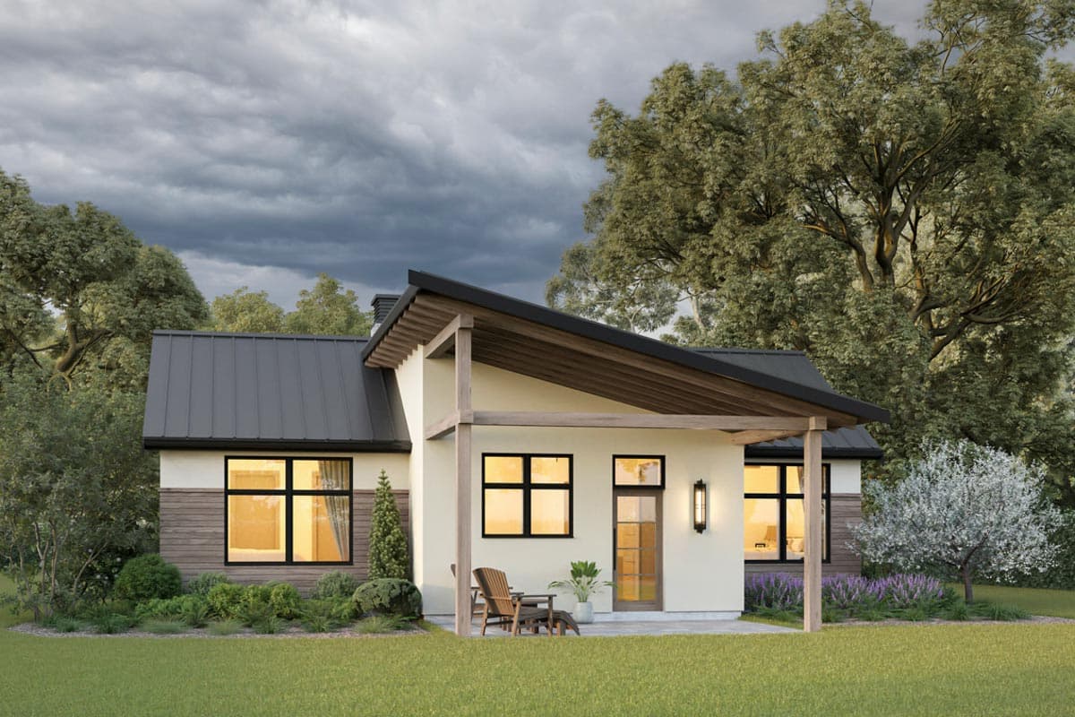 House plan exterior with a modern asymmetrical roofline, covered patio, and horizontal wood siding accents.