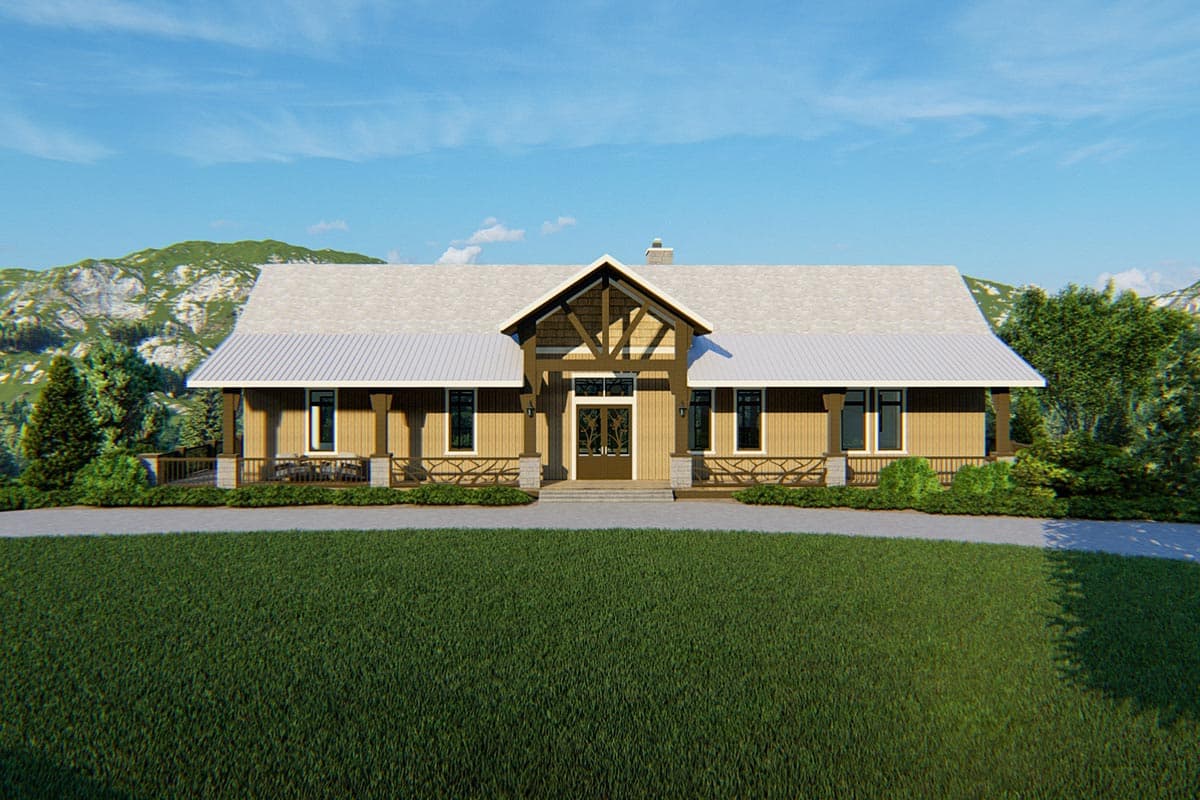 House plan exterior with Craftsman style, single story, and a gable roof. Features include a covered porch, exposed rafters, and wooden columns.