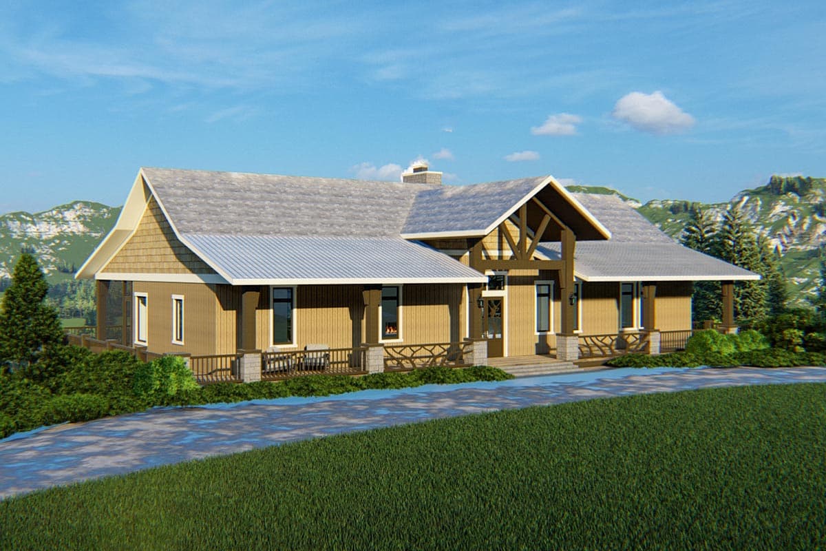 House plan exterior: Ranch style, single story, with a wrap-around porch, prominent gables, and exposed wood beams.