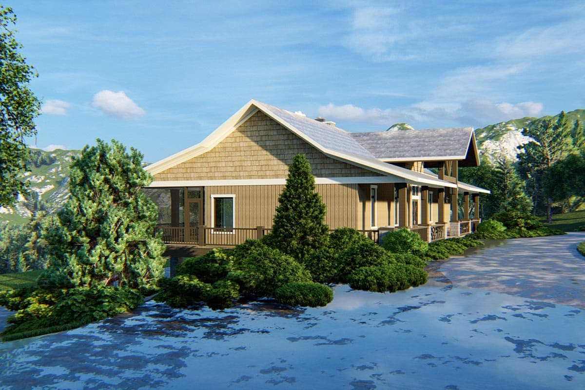 House plan exterior view of a two-story Modern Farmhouse with shingle siding, prominent gables, and a wraparound porch.