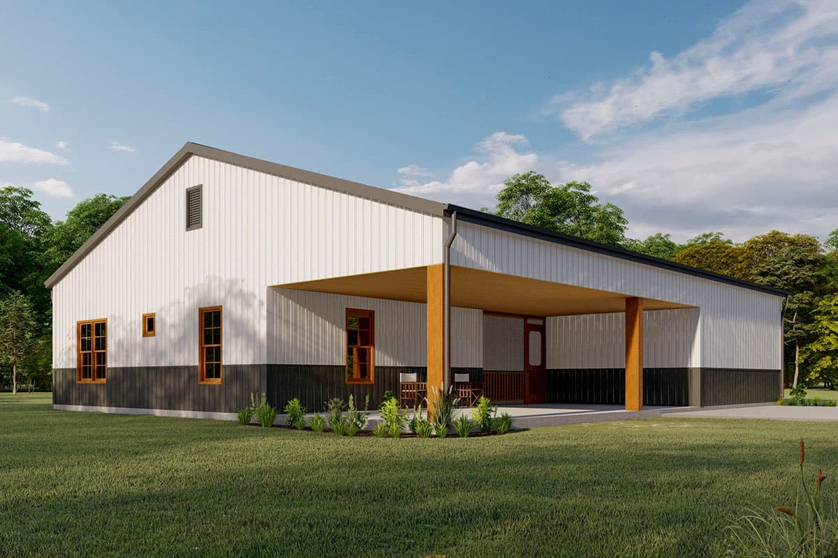 House plan exterior. One-story structure with a gabled roof. Features include a covered porch with supporting posts and vertically oriented siding.