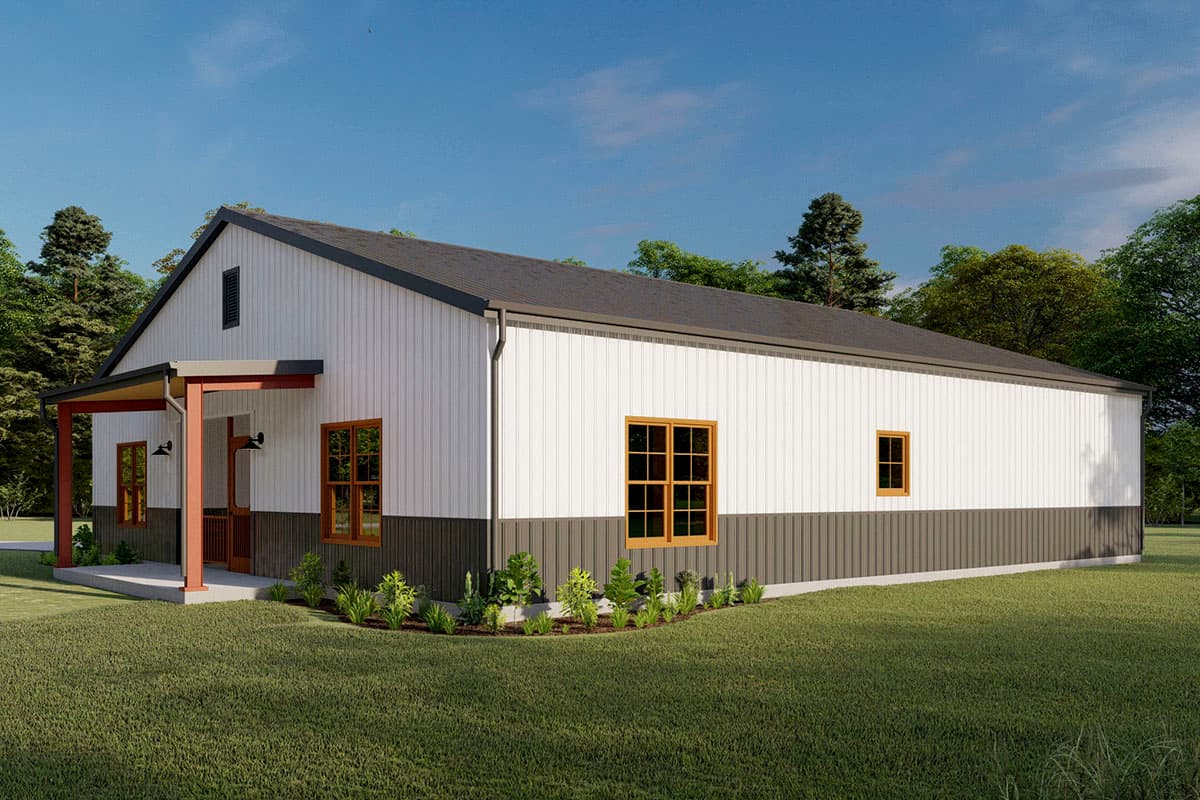 House plan exterior: Single-story building with metal siding, a covered front porch, and a prominent gable vent.