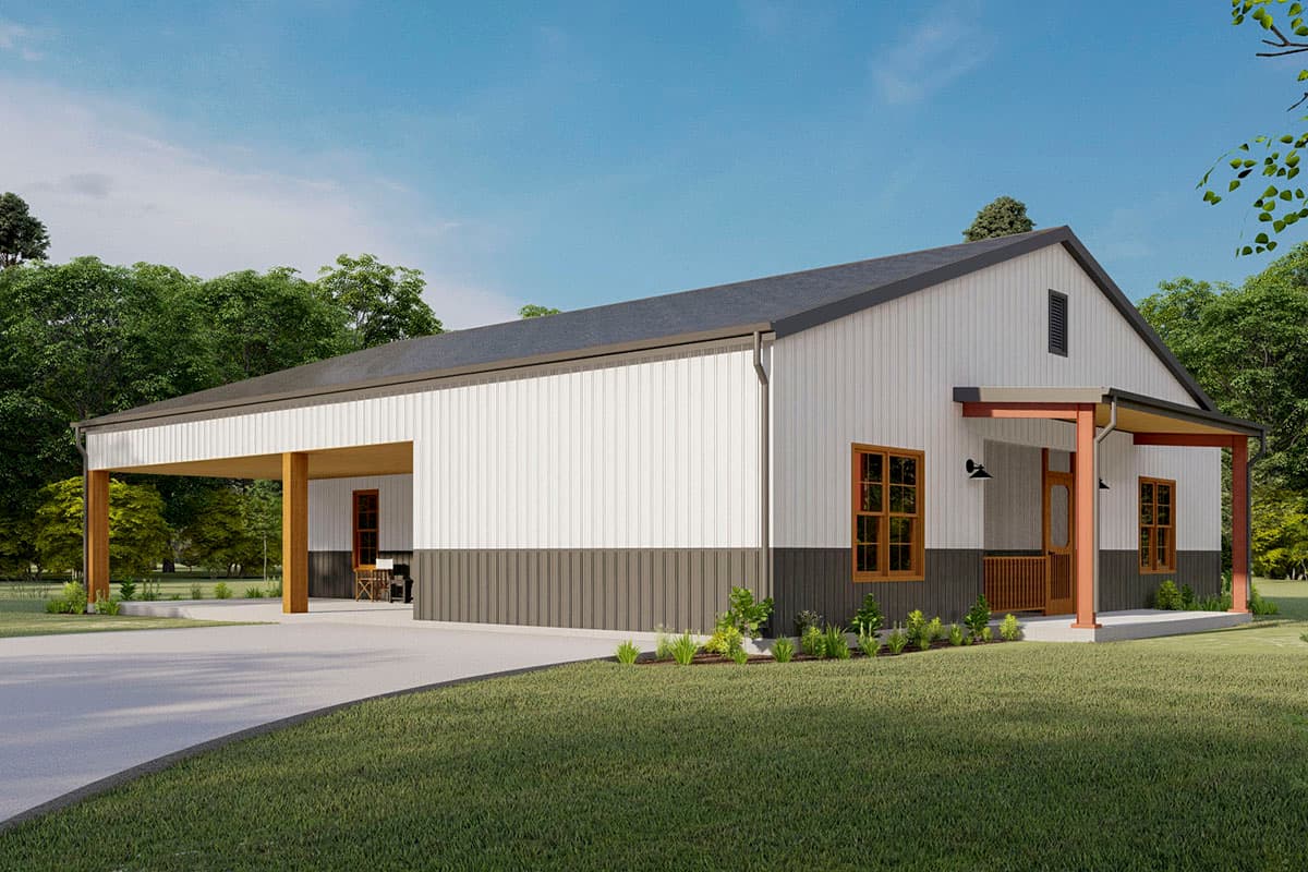 Modern barndominium house plan exterior with attached carport, covered porch, white metal siding, and dark gray wainscoting.