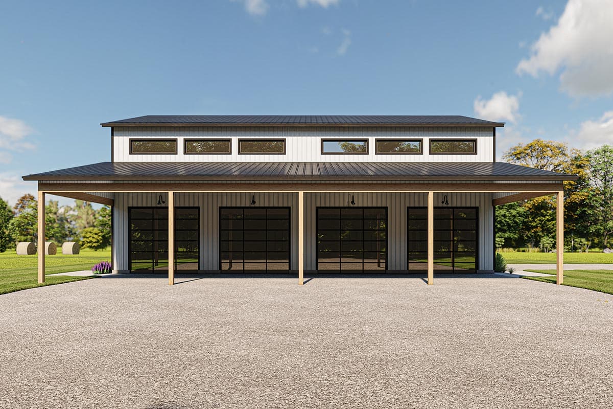 Modern two-story house plan exterior with a covered porch, four glass garage doors, and a standing seam metal roof.
