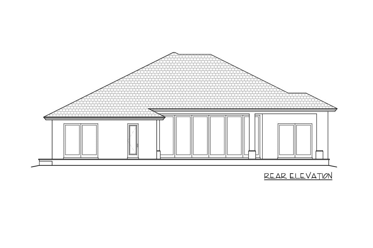 Rear elevation drawing of a single-story house with a prominent hip roof and multiple large windows.
