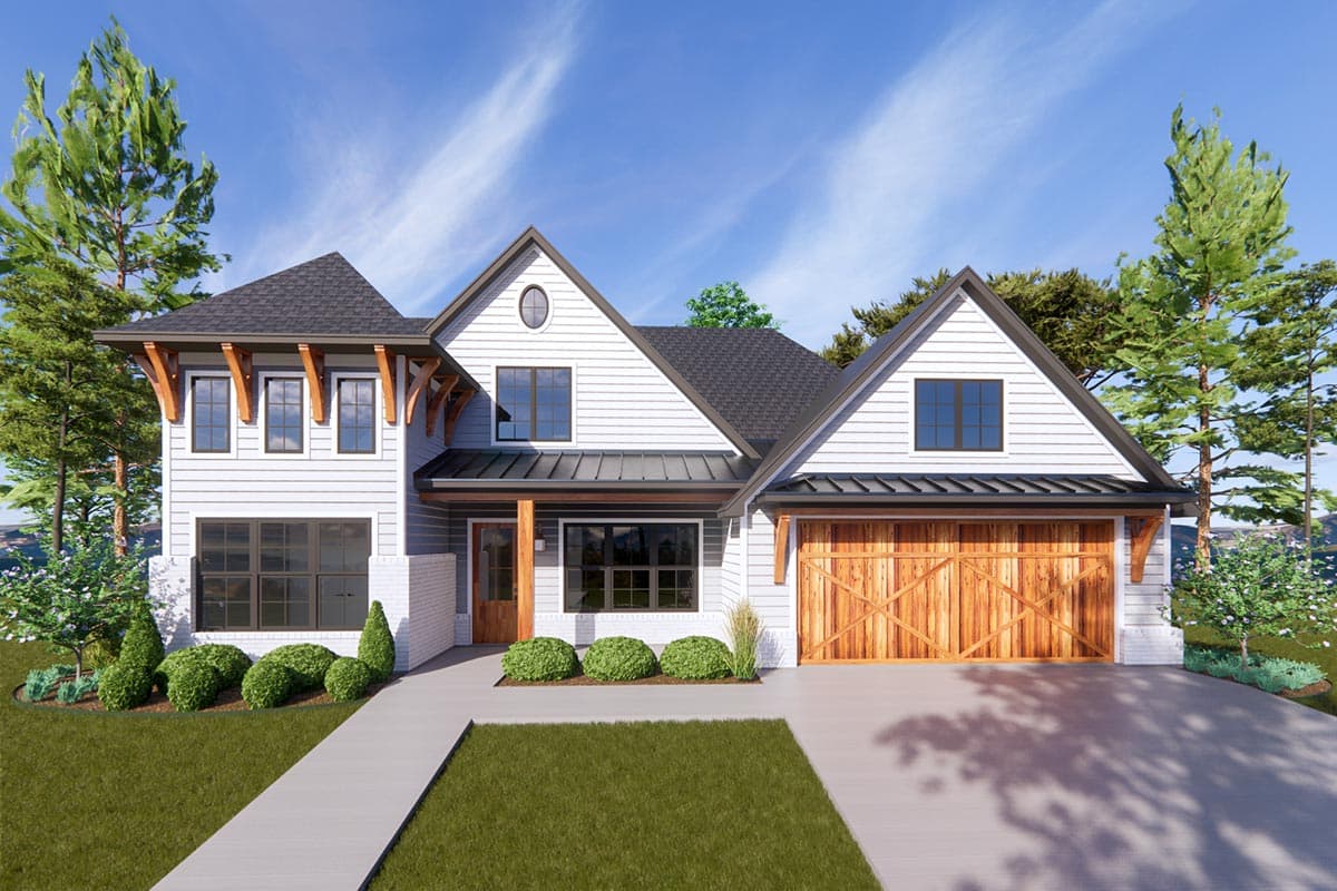 House plan exterior. Two-story Modern Farmhouse with gable roof, exposed rafter tails, and a two-car garage. Porch with wood columns.