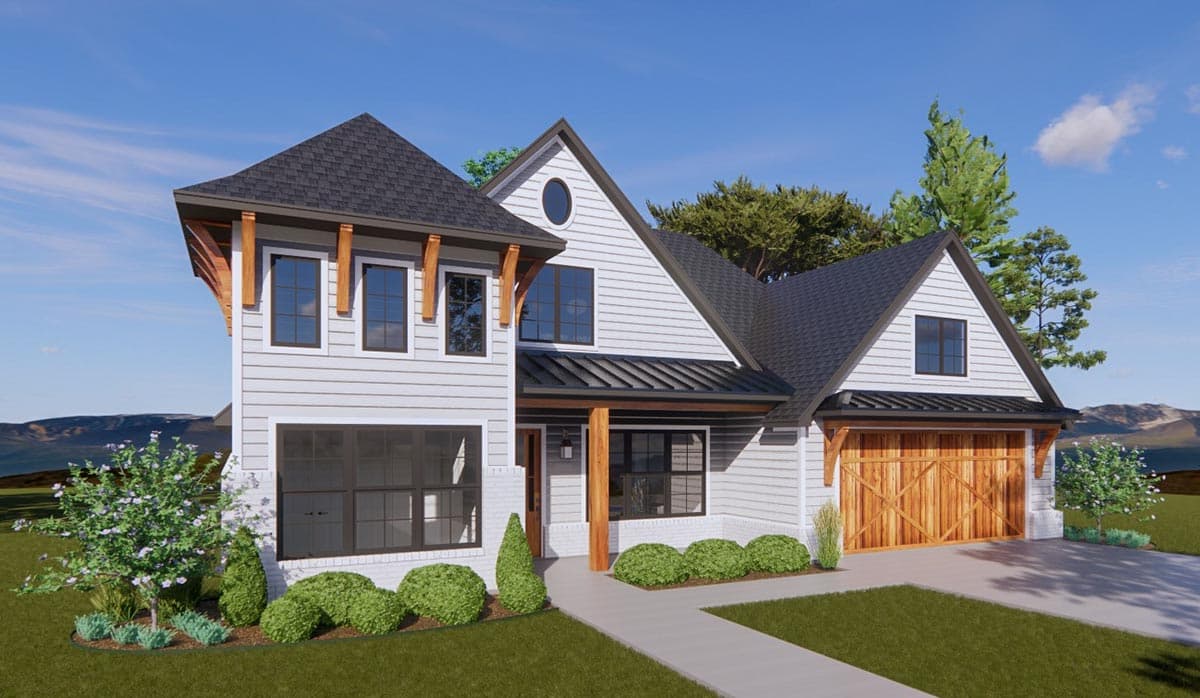 House plan exterior: Modern Farmhouse style, two stories, gabled rooflines, prominent timber framing accents, and a detached garage with wooden door.