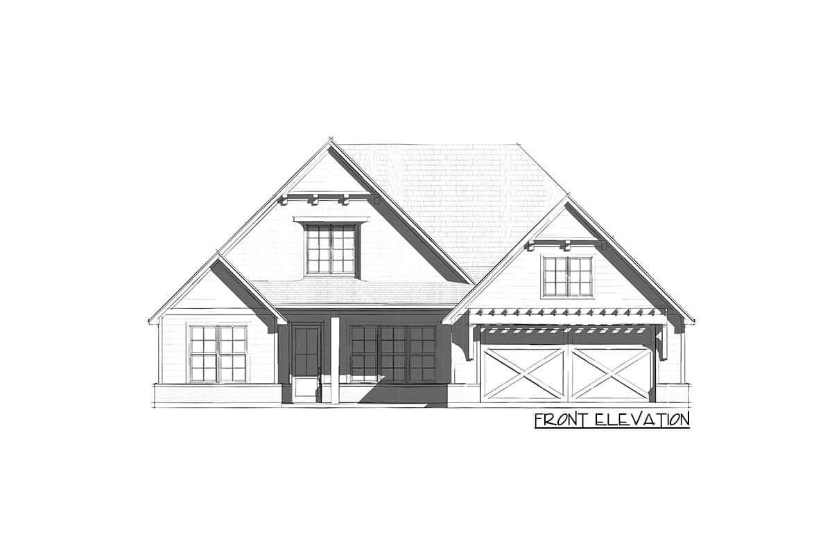 Front elevation drawing of a two-story house plan with gables, dormers, covered porch, and detached garage.
