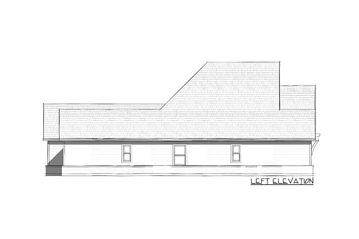 Left elevation drawing of a house plan, showing varied rooflines, clapboard siding, and windows.