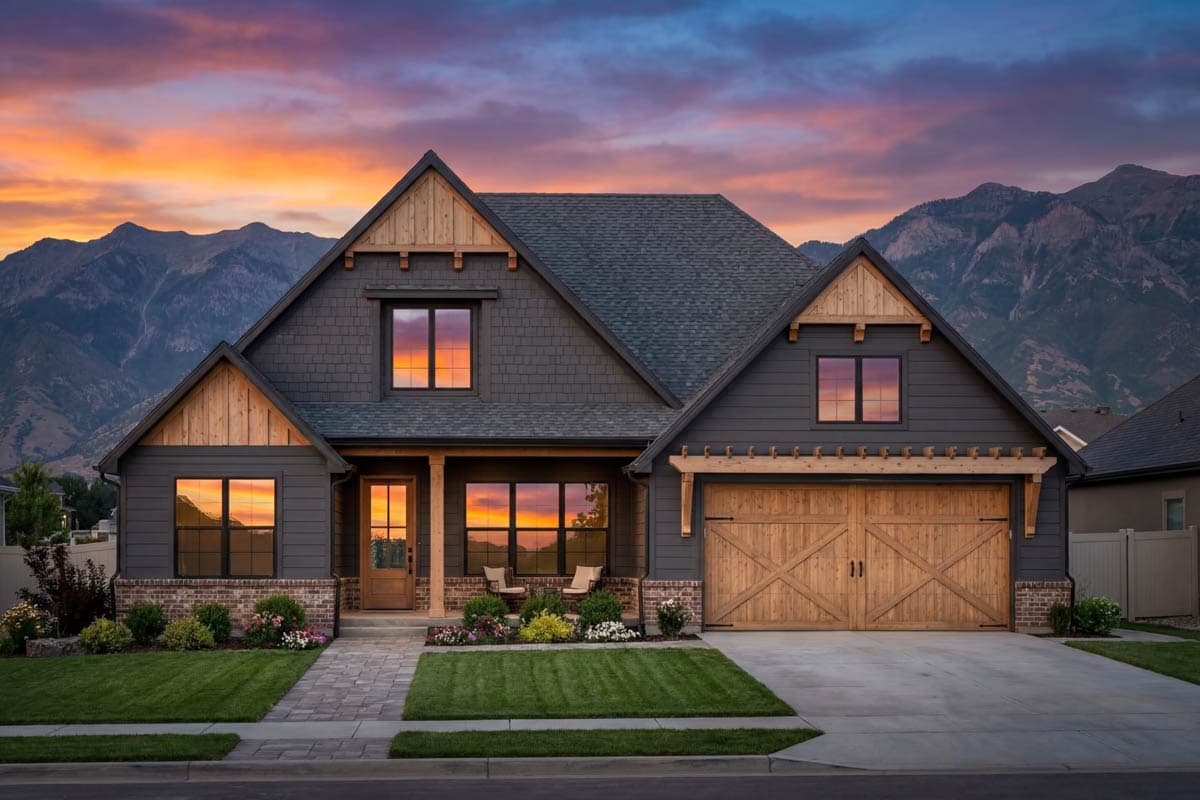 Craftsman style house plan exterior with gables, wood accents, covered entry, and double garage doors.