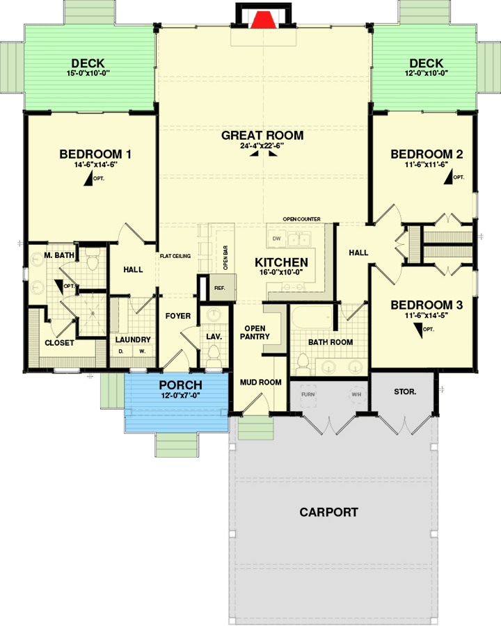 Plan 92000VS: 1834 Square Foot One-story House Plan with Large Carport in Front - Floor Plan - Main Level - Country, Craftsman, New American, Ranch, Rustic, Traditional