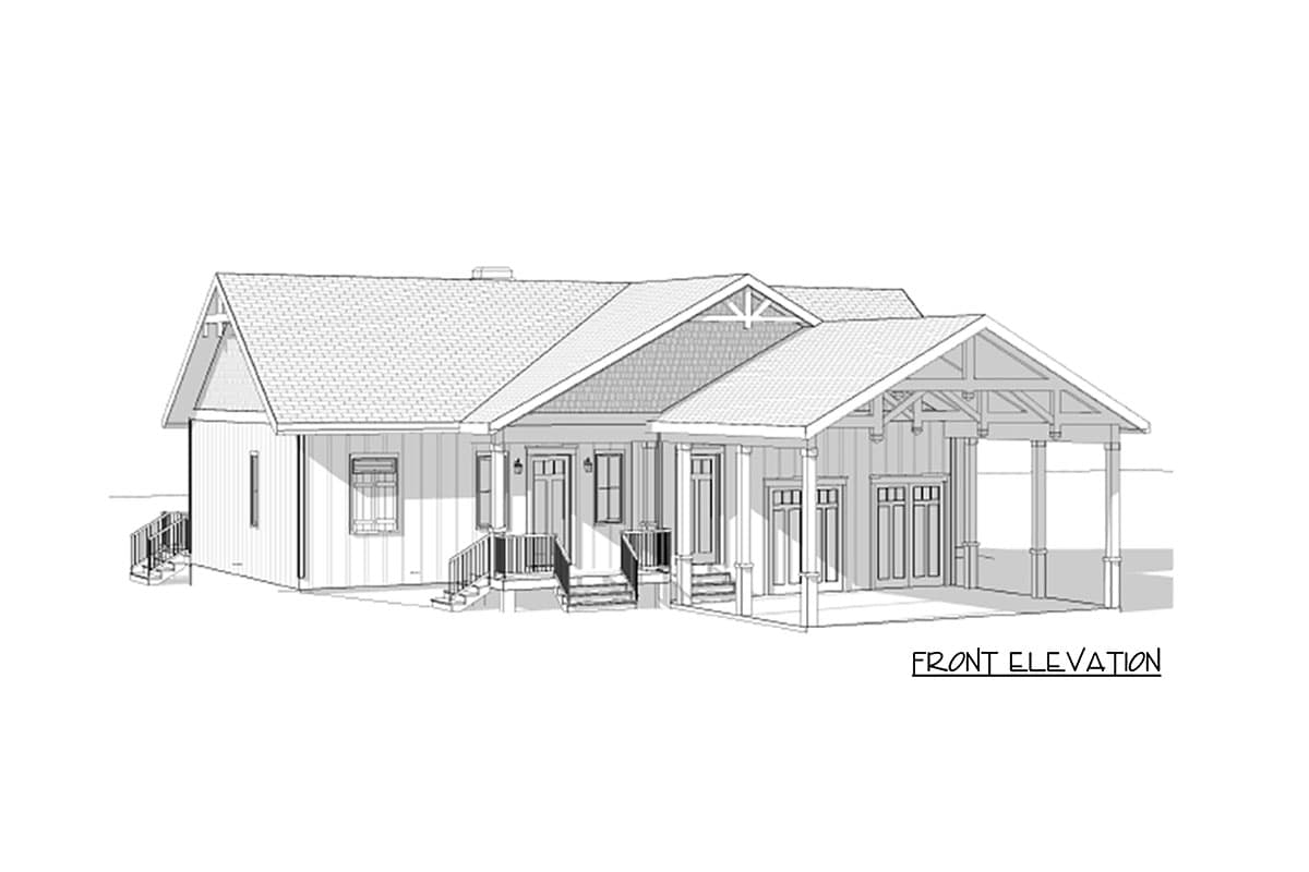 Front elevation drawing of a one-story house plan with a covered porch, gabled rooflines, and a two-car garage.