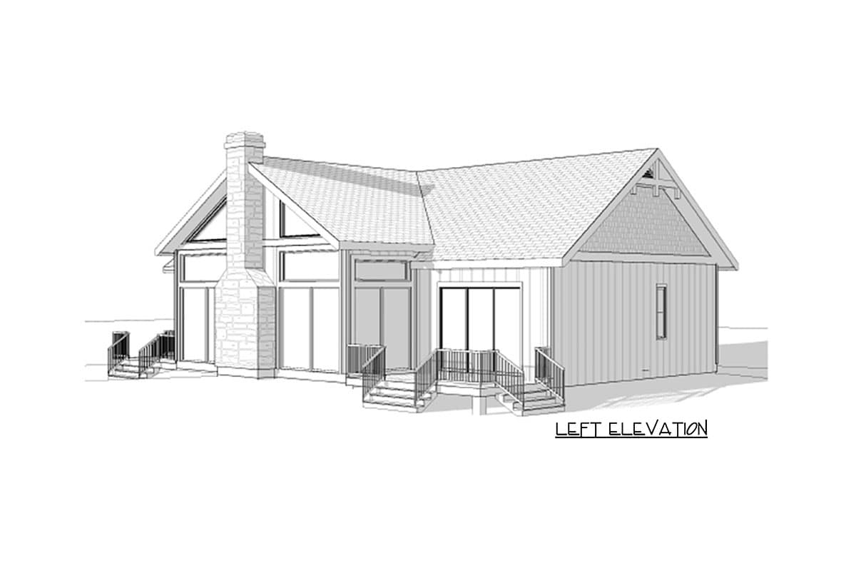 Left elevation house plan drawing with stone chimney, large windows, and gabled roofline.