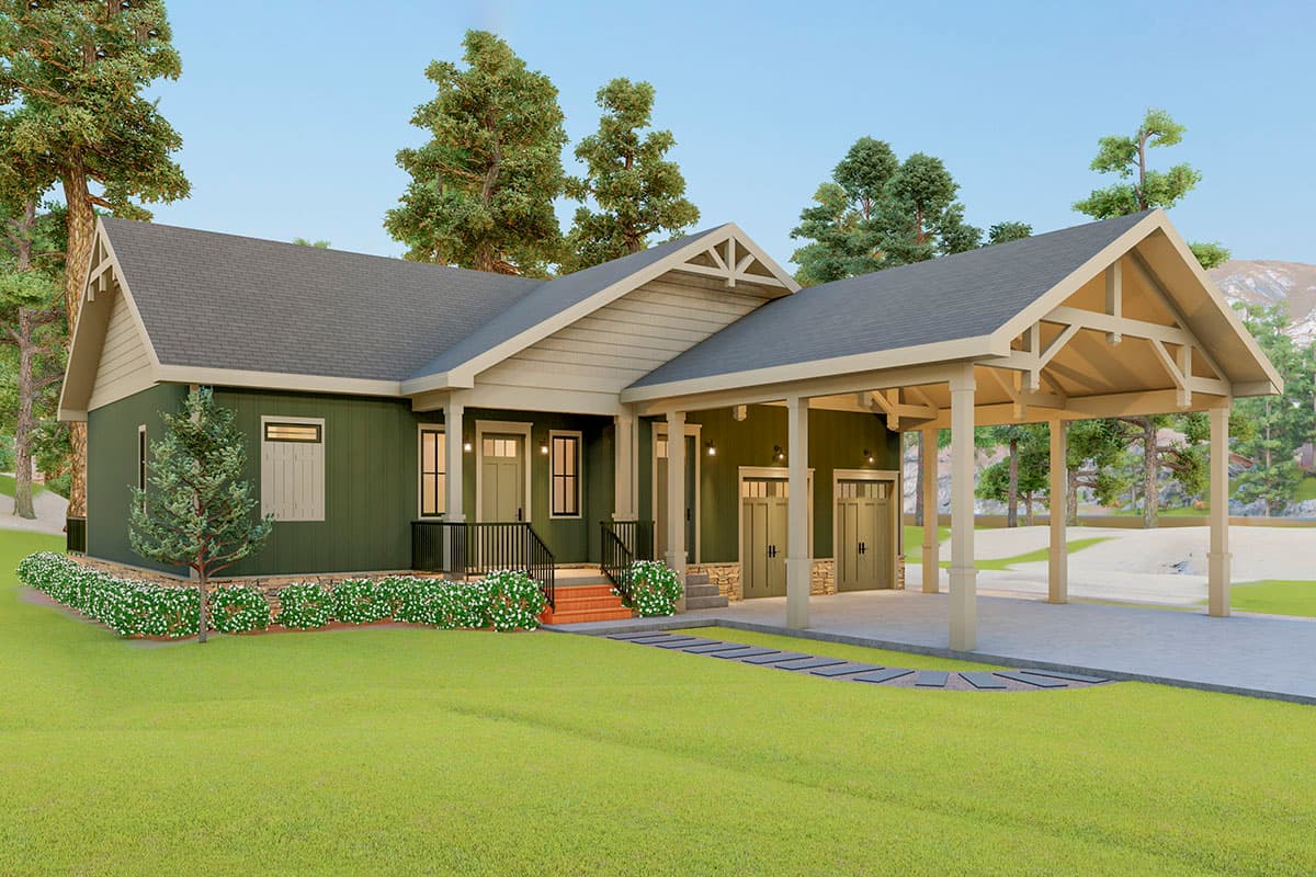 House plan exterior. Craftsman style with a single story, front porch, gables, and attached carport with exposed rafters.