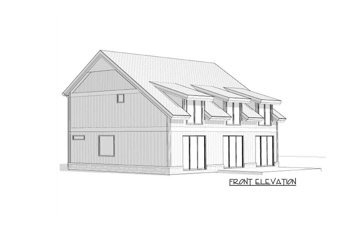 Front elevation drawing of a two-story house with dormers, vertical siding, and large glass doors.