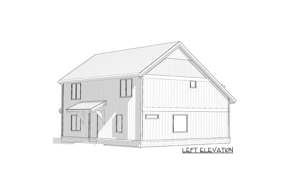 Left elevation house plan drawing for a two-story home with a prominent gable end, visible dormer, and covered entryway.