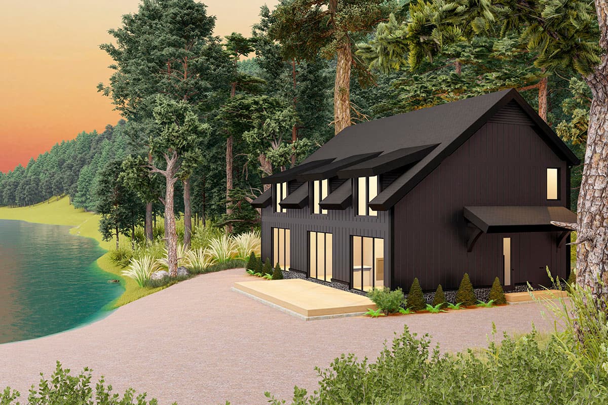 House plan exterior: Two-story modern house with shed roof entry, dormers, and a large deck. Situated near a lake and forest.