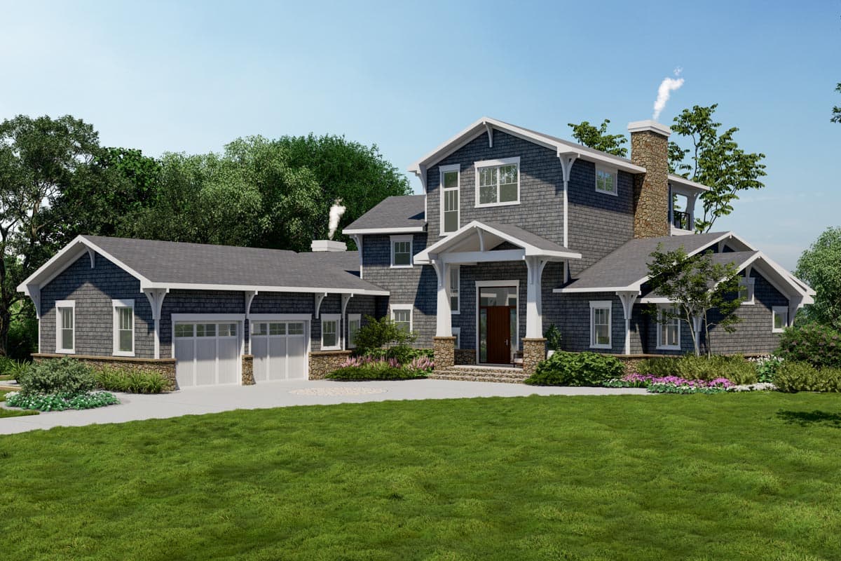 House plan exterior. Two-story Craftsman home with a gabled roof, stone chimney, and covered entry porch with columns, and attached garage.