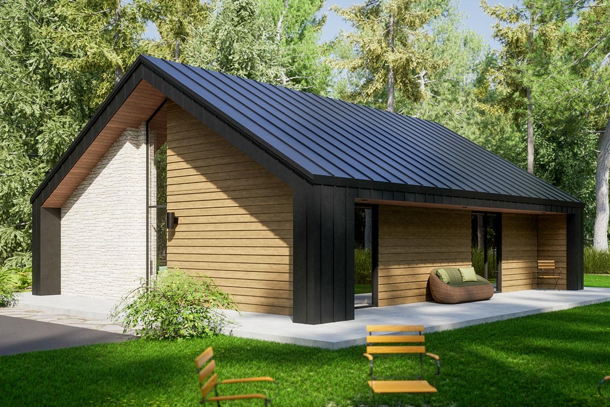 House plan exterior. Modern style with a single story, standing seam metal roof, wood siding, and full-height glazing.