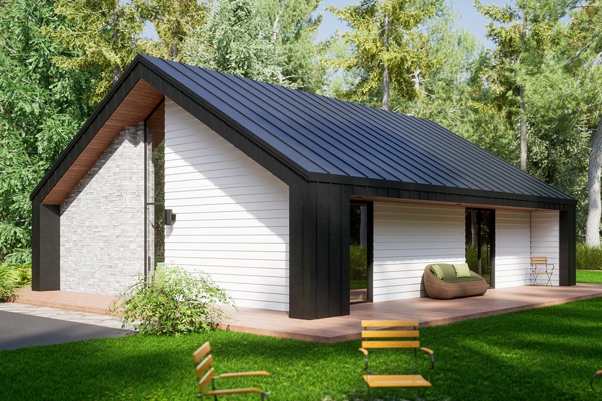 Modern house plan exterior with white lap siding, stone accent wall, black metal roof, and wood deck.