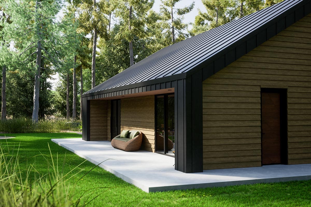 House plan exterior, modern style, single story, wood siding, metal roof, covered patio, and large windows.