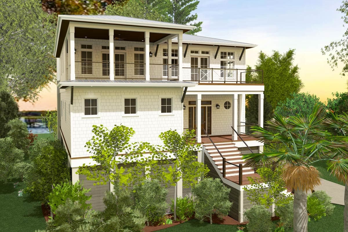 House plan exterior: two-story coastal home with double balconies, metal roof, and prominent porch stairs.