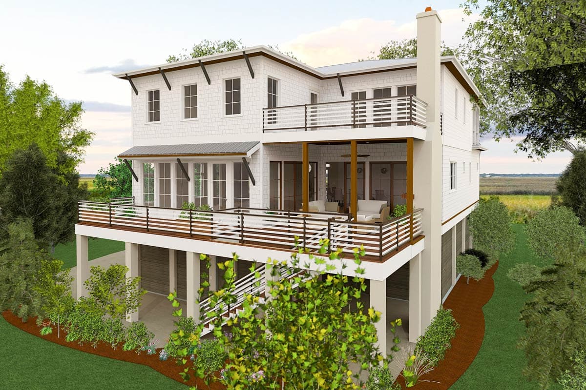 House plan exterior of a two-story Modern Coastal home with multiple decks, a prominent chimney, and a raised foundation.