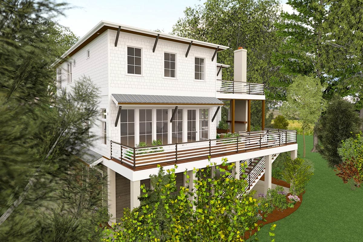 House plan exterior of a two-story contemporary home with multiple decks, shingle siding, and a metal awning over French doors.