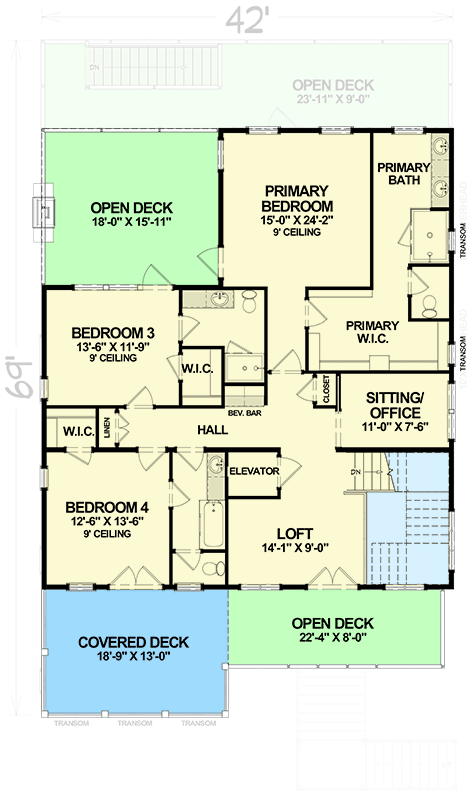 Plan 765043TWN: Low Country Shingle House Plan with Stacked Porches and an Elevator - Floor Plan - 2nd Floor - Beach, Coastal, Low Country, New Orleans, Shingle