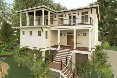 Low Country Shingle House Plan with Stacked Porches and an Elevator