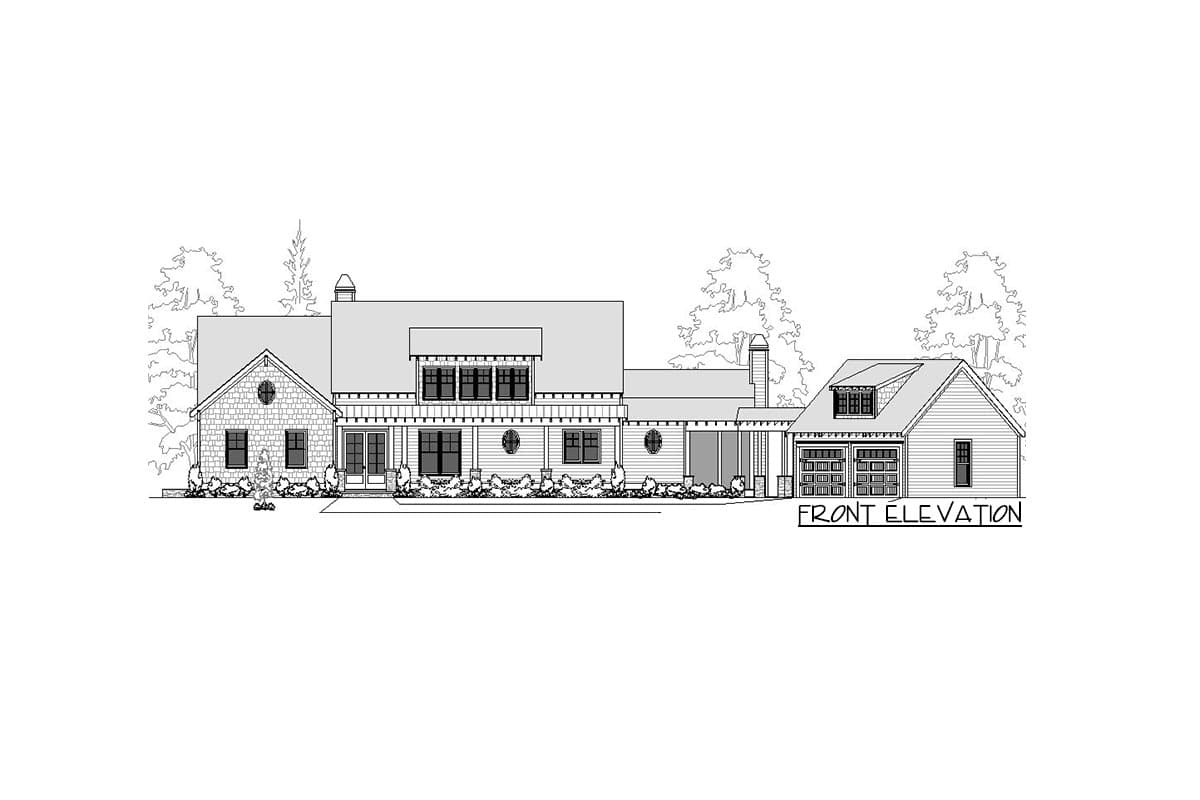 Front elevation drawing of a two-story house plan with a covered porch, gables, dormers, and an attached garage.