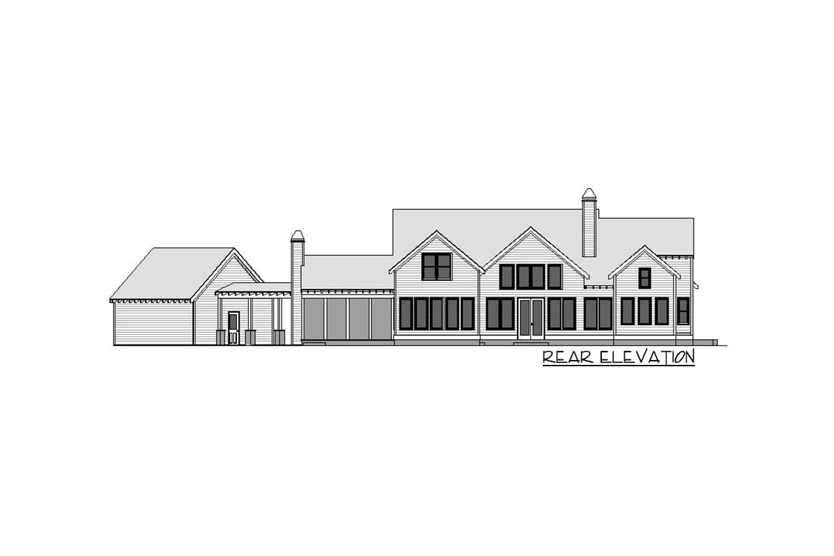 Rear elevation house plan featuring a detached garage, covered entryway, multiple gables, and large windows.