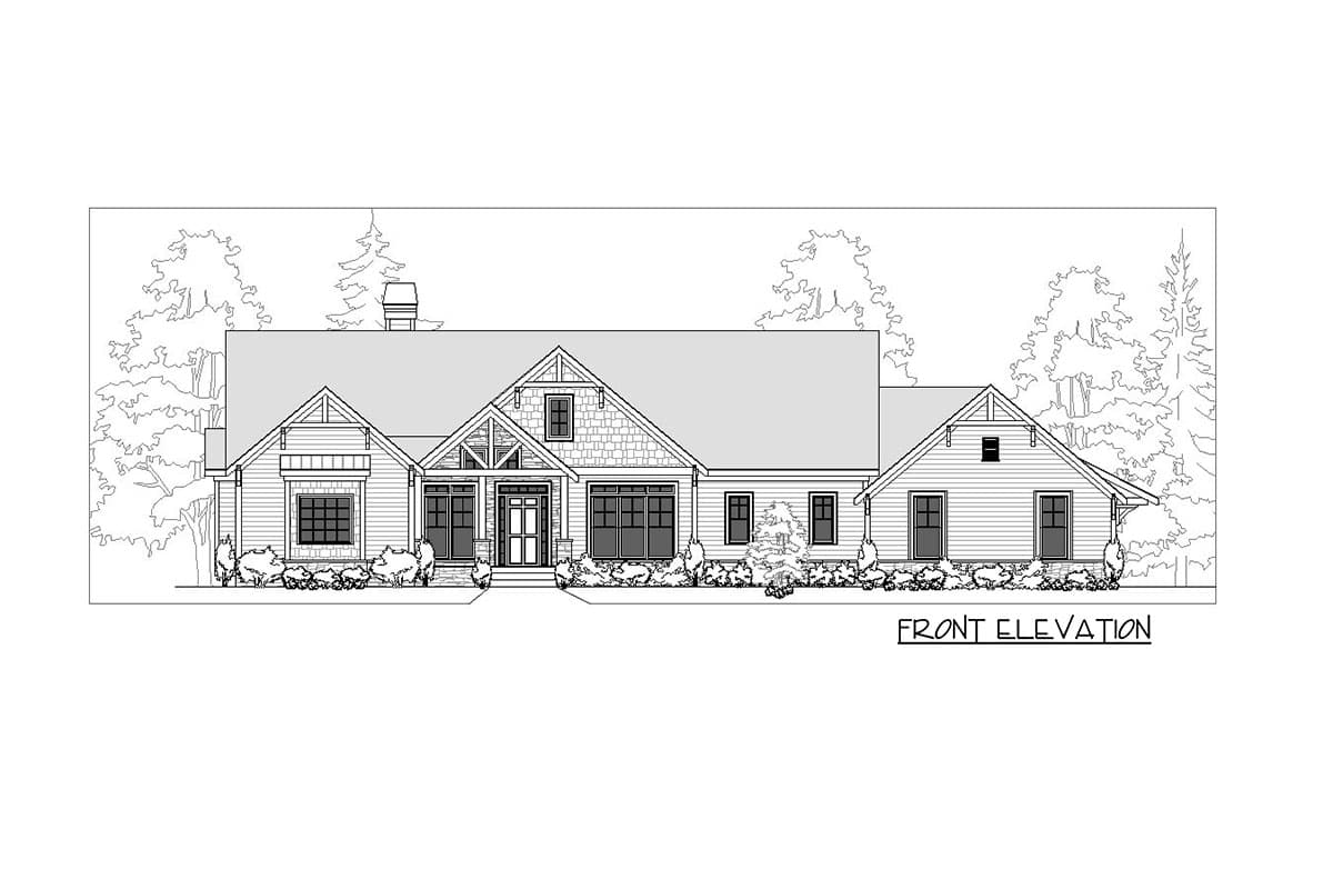 Front elevation of a single-story house plan with gables, varied rooflines, and a central covered entrance with stone accents.