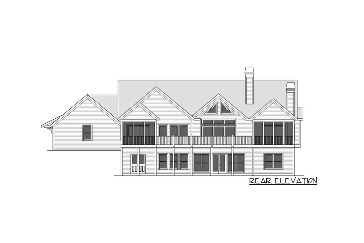 Rear elevation house plan with multiple gables, screened porches, and large windows.
