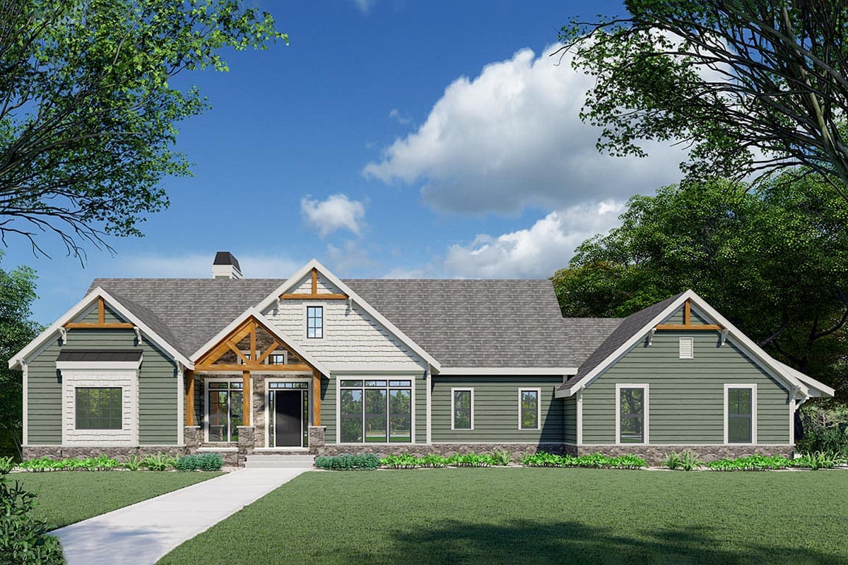 House plan exterior. Craftsman style, single-story home with gables, a covered porch, and exposed timber detailing.