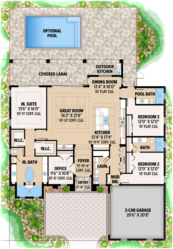 Plan 660001JMD: 2397 Square Foot Contemporary One-story Home Plan with Lanai - Floor Plan - Main Level - European, Florida-Style, Mediterranean, Ranch, Southern, Transitional