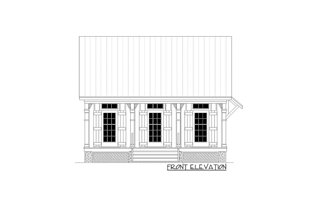 Front elevation drawing of a house with a metal roof, three windows, and a covered porch supported by decorative columns.