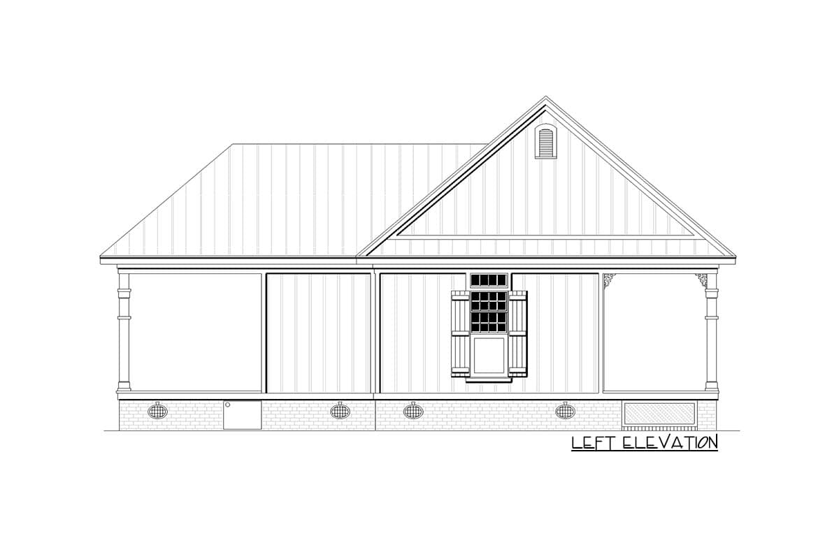 Left elevation house plan shows a gable roof, covered porch with turned posts, and decorative window.