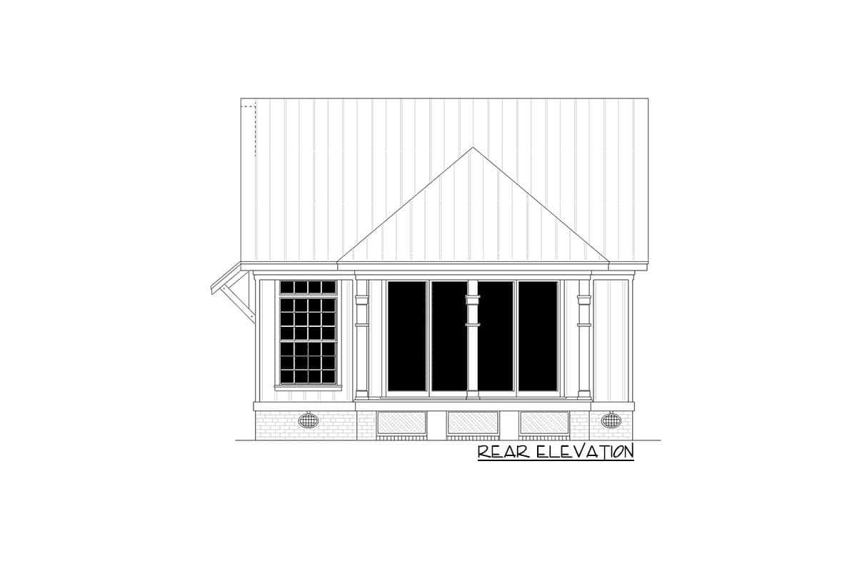 Rear elevation drawing of a house plan with a covered porch, multiple windows, and a gable roof.