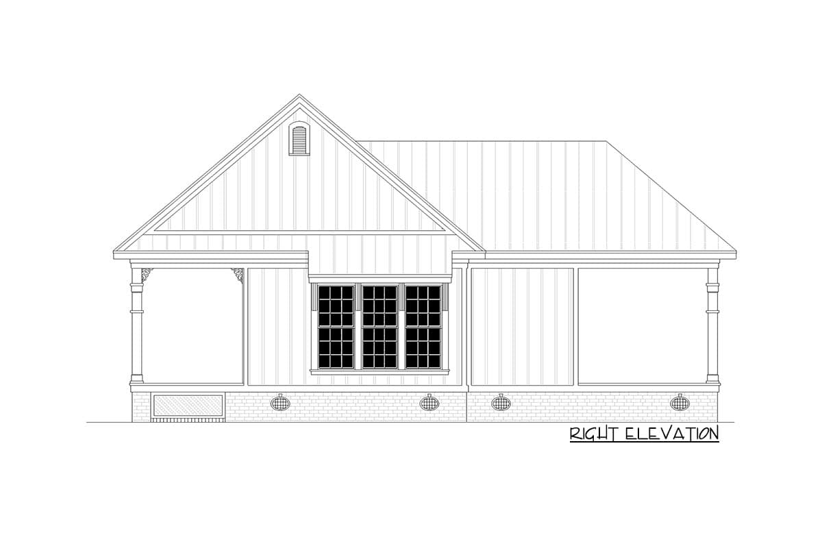 Right elevation house plan drawing shows a one-story home with a prominent gable, metal roof, covered porch, and multi-pane windows.