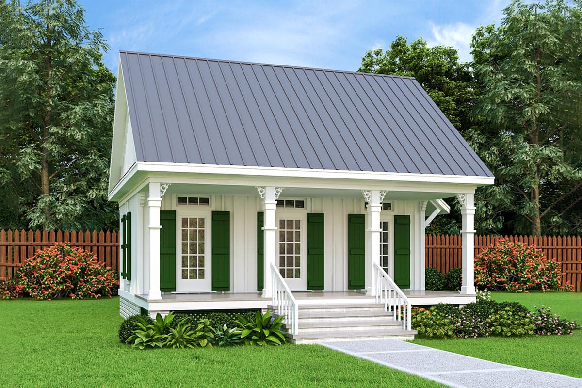 House plan exterior. Cottage style with front porch, gabled roof, and green shutters. One story with metal roof and decorative trim.