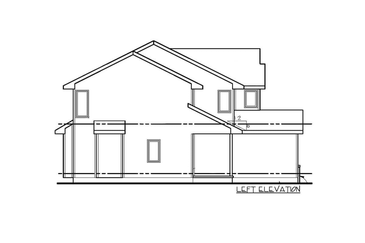 Left elevation drawing of a two-story house plan showing windows, a covered porch, and sloped rooflines.