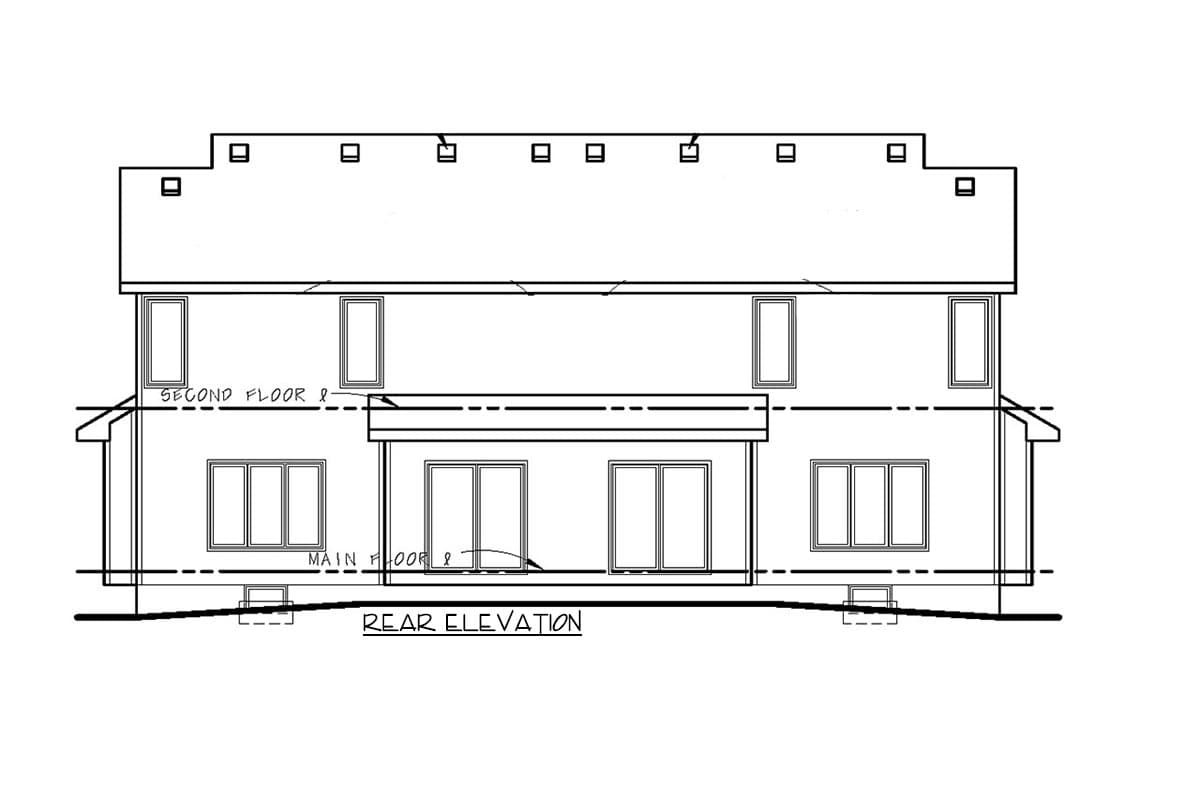 Rear elevation drawing of a two-story house plan, showing windows on both floors and a covered main floor patio.