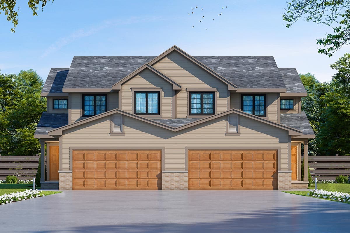House plan exterior with Craftsman-style elements. Features a two-story design with gabled roof, two-car garage, and dormers above the garage doors.