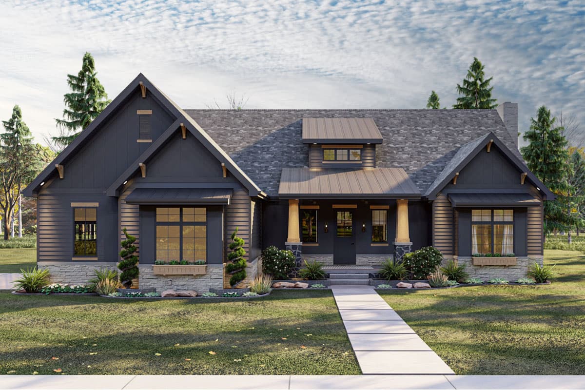 House plan exterior with Craftsman style, one story, gabled roof, covered porch, and window boxes.