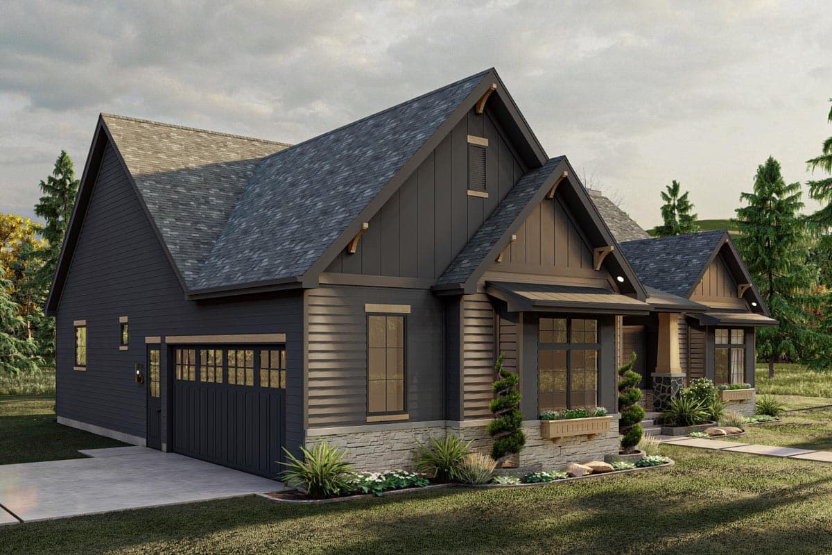 House plan exterior: Modern Farmhouse style, one story, with a dark horizontal siding, stone base, gabled roof, and attached garage.