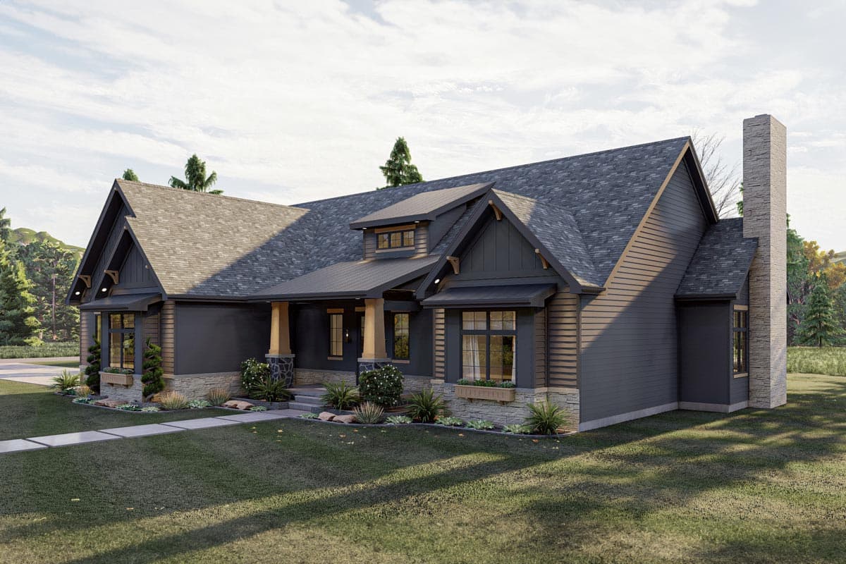 House plan exterior: Ranch style, prominent gables with exposed rafter tails, stone accents, dormer, and large chimney.