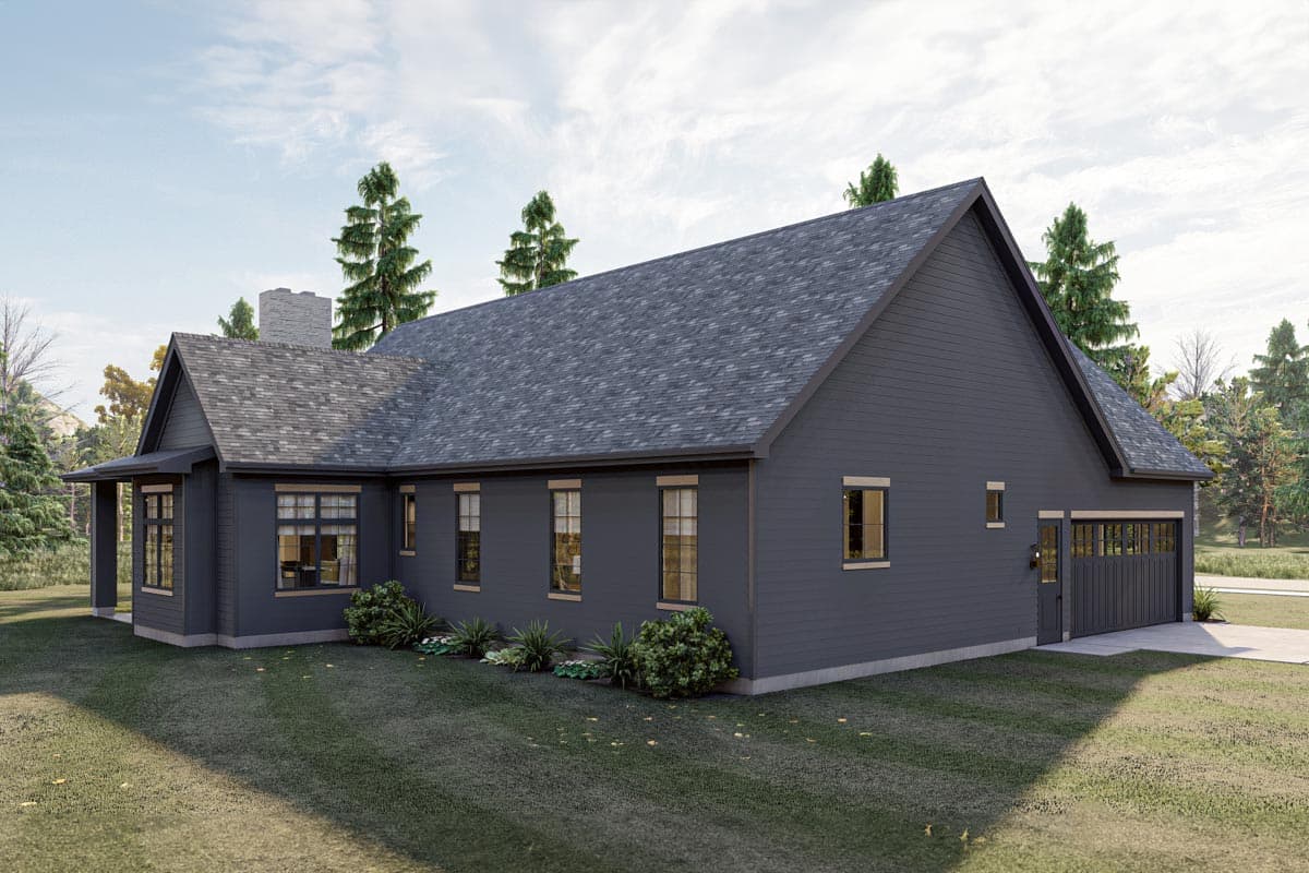 House plan exterior featuring a single story, asphalt shingle roof, gabled dormers, covered porch, and attached garage.