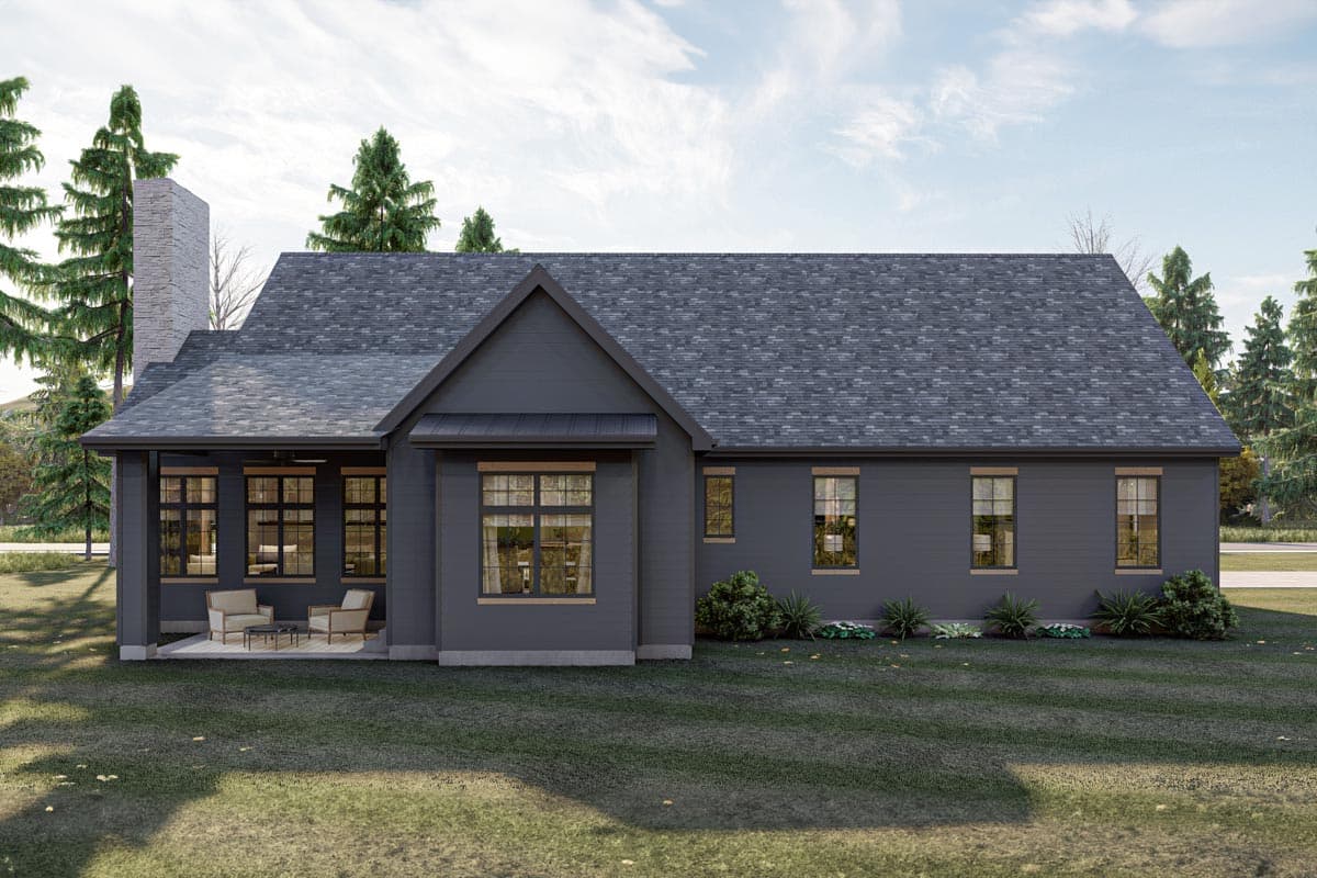 House plan exterior: Modern Farmhouse style, one story, featuring a prominent gable, stone chimney, and covered porch with seating.